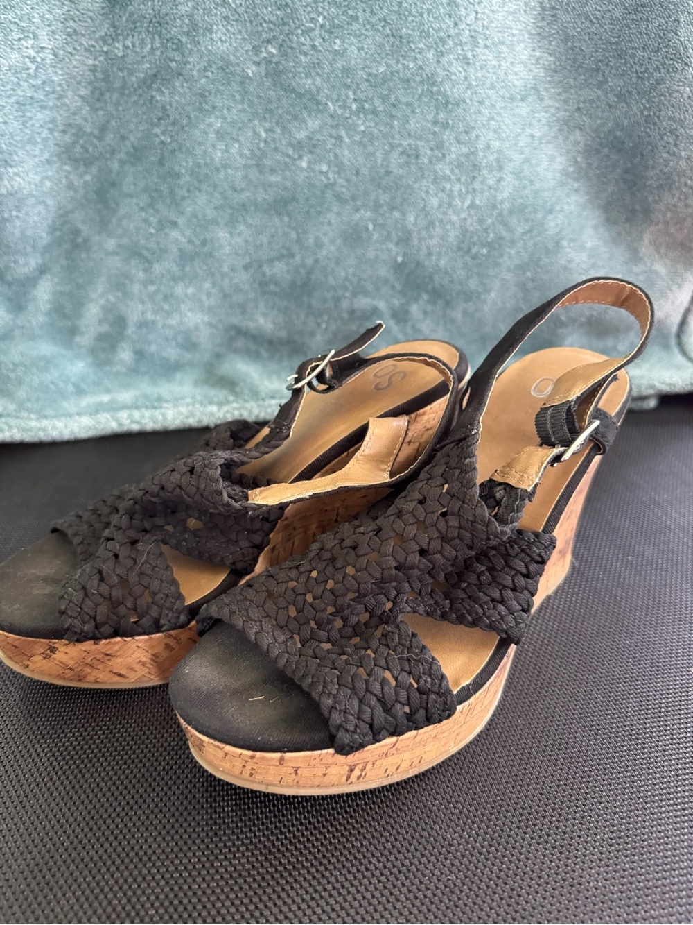 SO Black Woven Cork Wedge Sandals